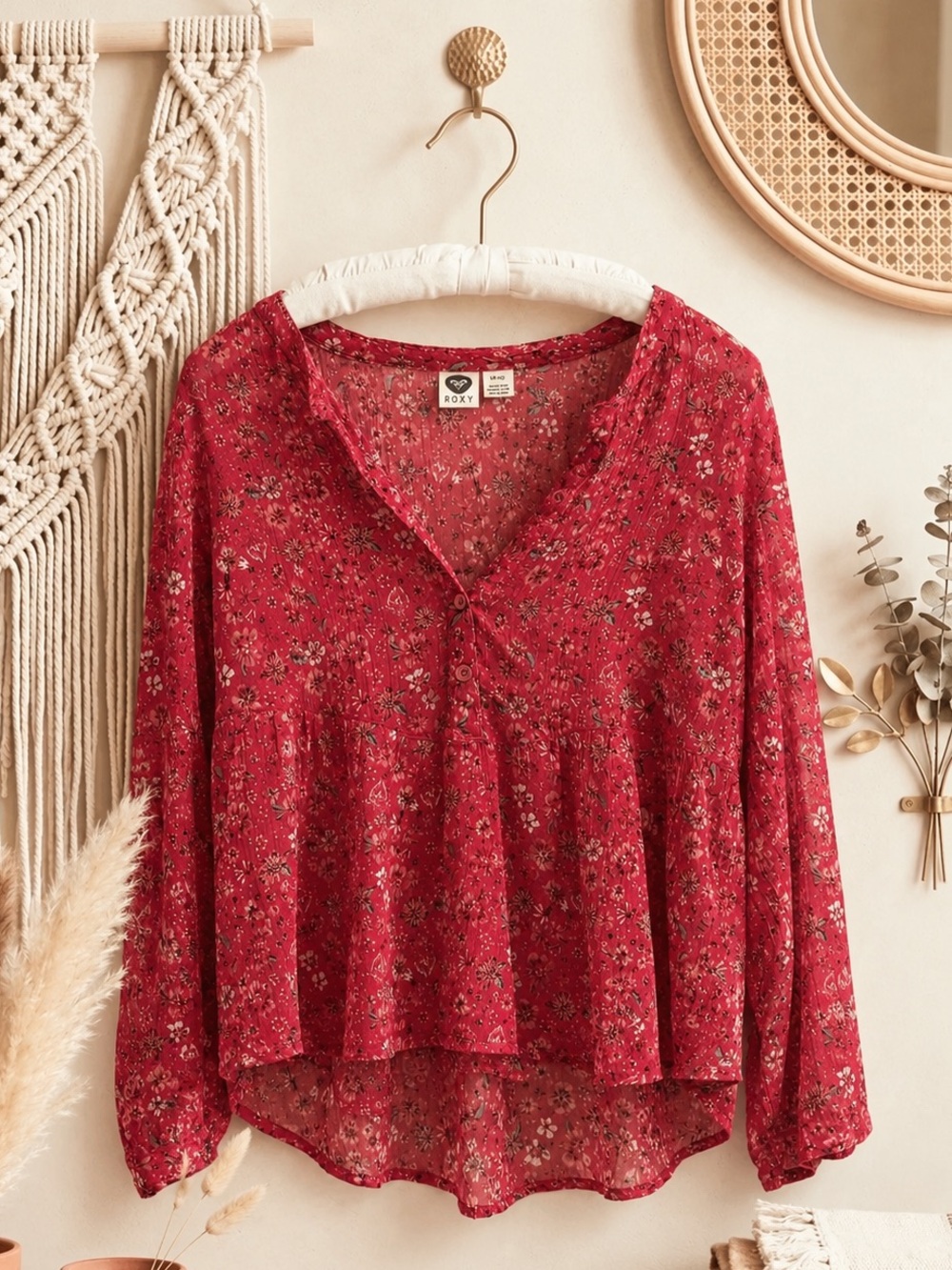 Roxy Red Floral Long Sleeve Blouse